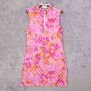 IBKUL Dress Womens Small Pink Orange Mermaid Scale Mock Neck Zip Golf Tennis